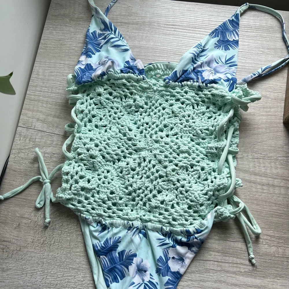 Frankie's Bikinis Blue and White Crochet Swimsuit